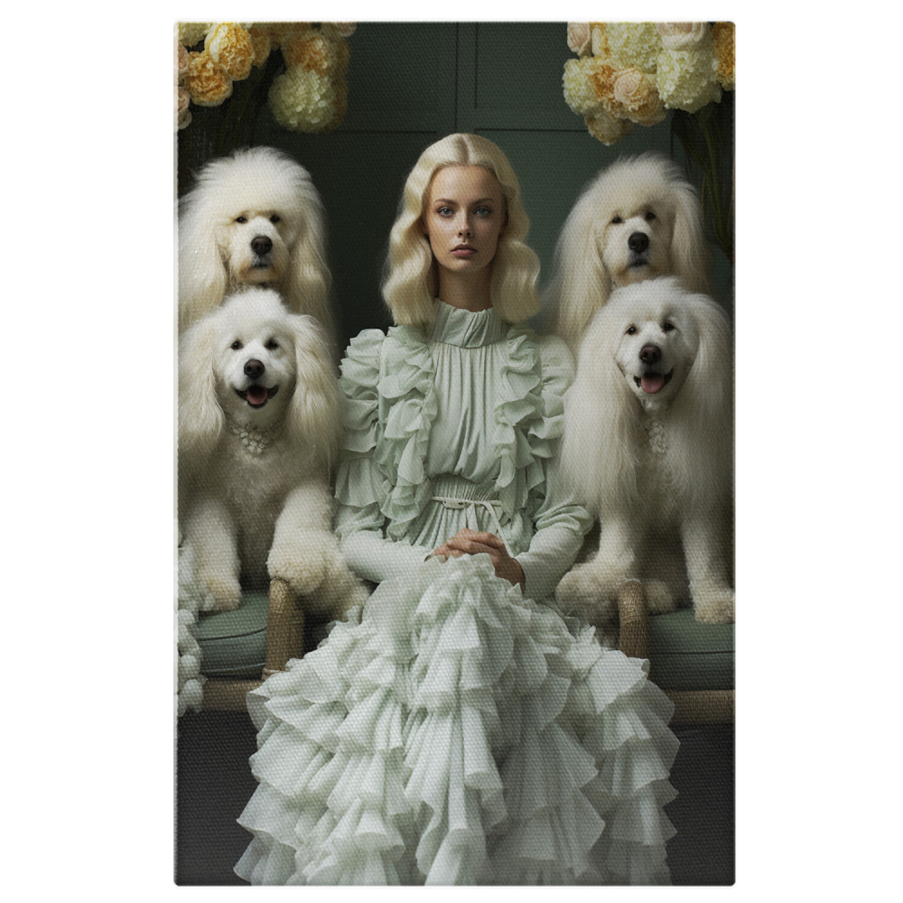 Tablou Canvas Femeie Blondă cu Câini Albi | Pictură Digitală Eleganta, Marime 40x25CM [1]