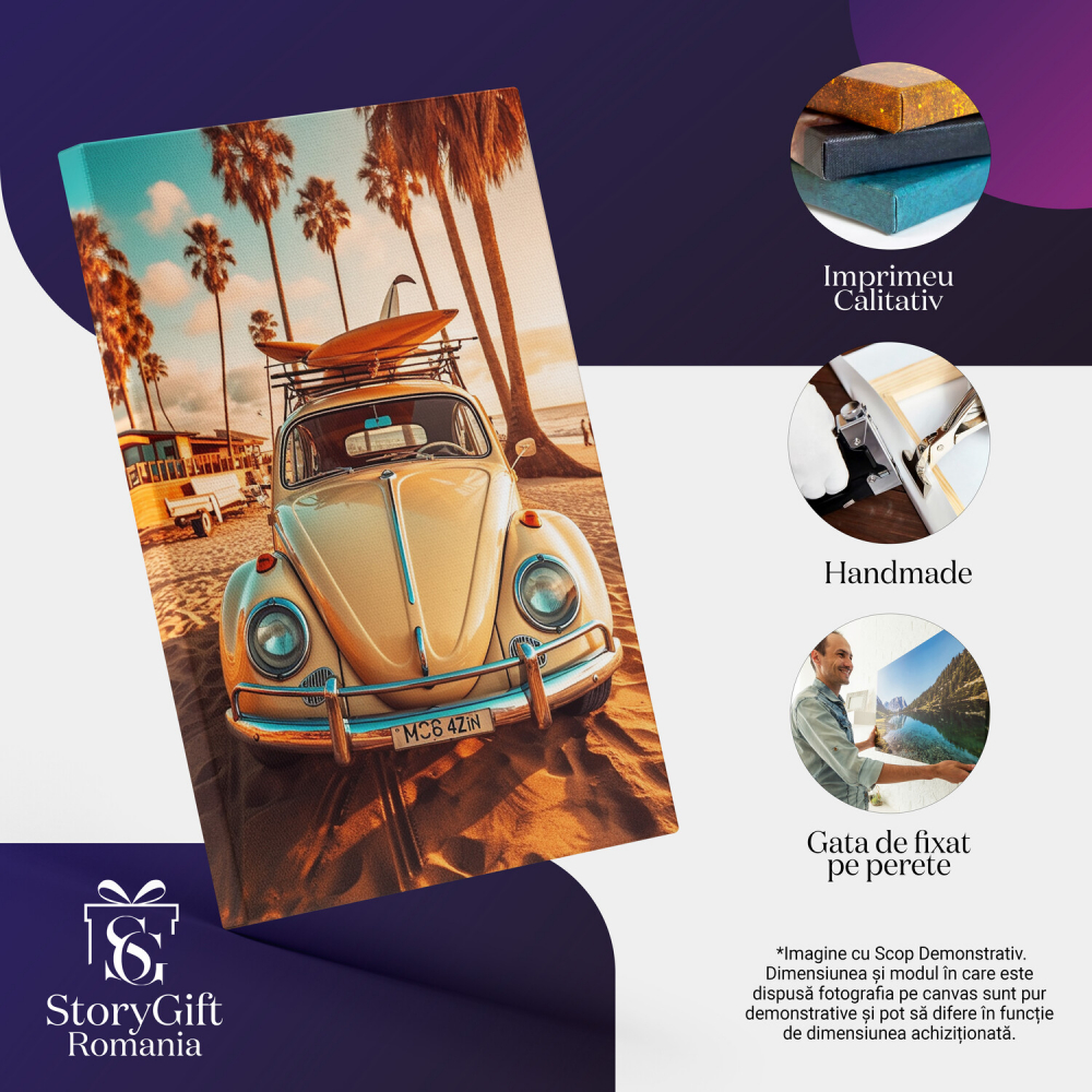 Tablou Canvas Mașină de Epocă pe Plajă | Pictură Digitală Concediu la Mare, Marime 40x25CM [2]