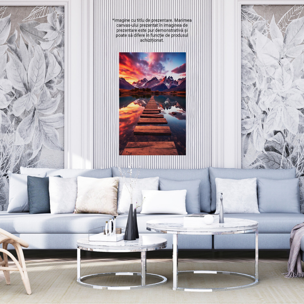 Pathway of Wooden Planks on Lake - Digital Art with Mountain Background, Marime 40x25CM [4]