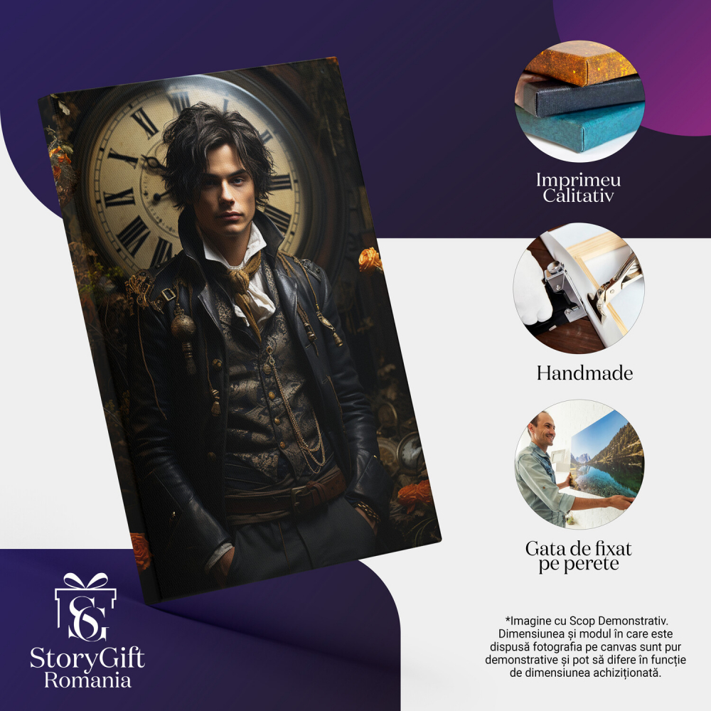 Tablou Canvas Băiat în Costum cu Ceas și Flori | Pictură Digitală Elegantă, Marime 40x25CM [2]