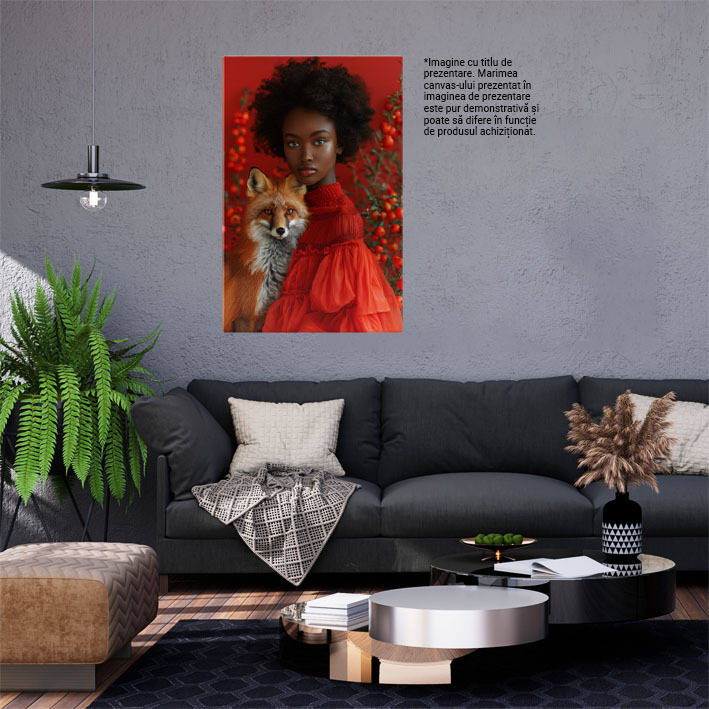 Tablou Canvas  Frumoasa Negresa cu Buzele Mari si Parul Brunet in Rochie Rosie cu Vulpea Roscovana in Brate , Pictura Digitala 40x25CM [2]