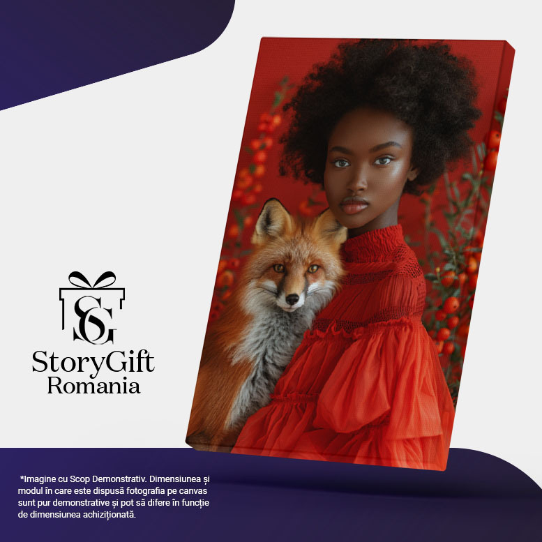 Tablou Canvas  Frumoasa Negresa cu Buzele Mari si Parul Brunet in Rochie Rosie cu Vulpea Roscovana in Brate , Pictura Digitala 40x25CM [5]