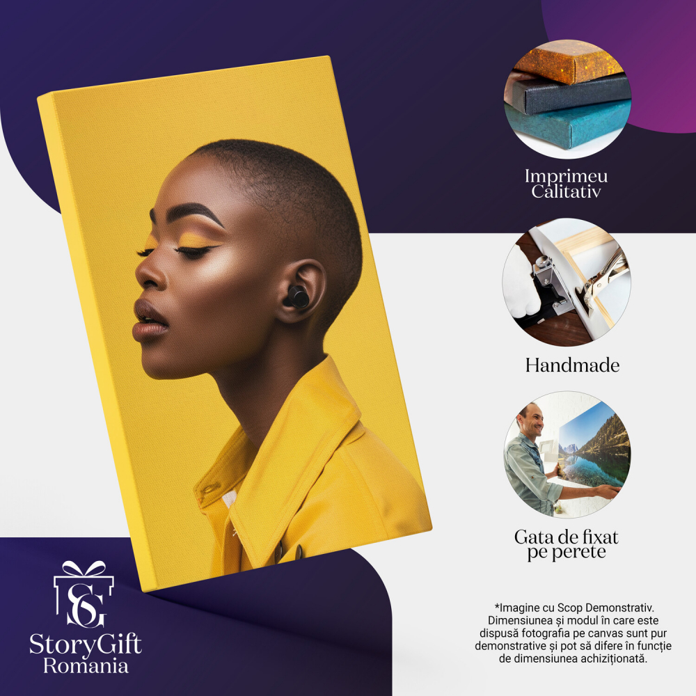 Beautiful Young Woman with Yellow Makeup and Earphone – Digital Art, Marime 40x25CM [2]