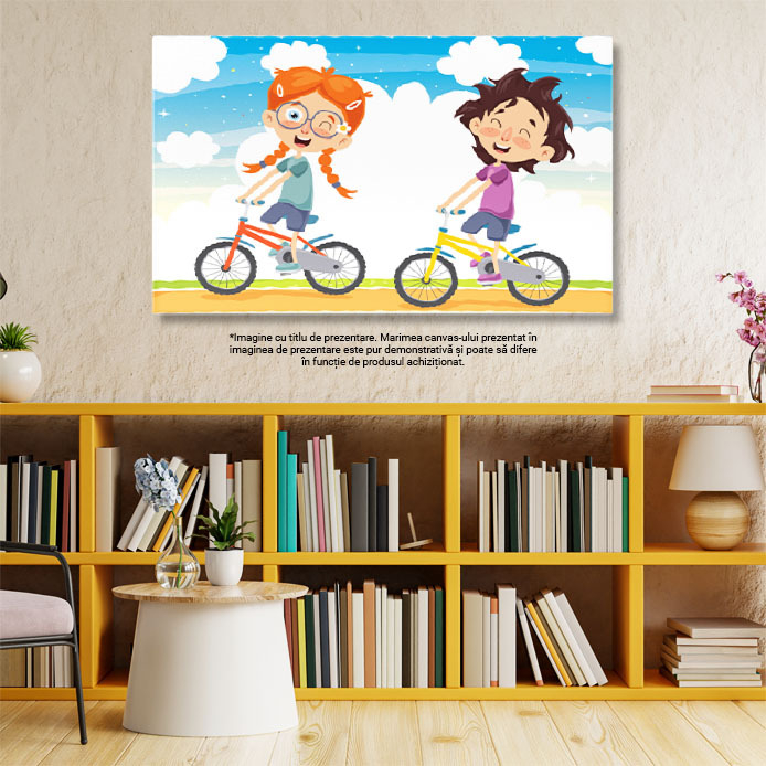 Tablou Canvas Frumoasele Fete cu Pistrui Fericite Merg la Plimbare pe Bicicletele Colorate in Parc 40x25CM [3]