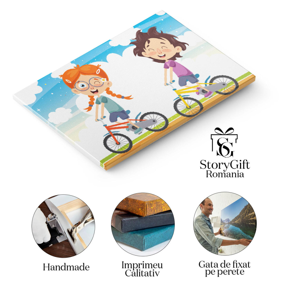 Tablou Canvas Frumoasele Fete cu Pistrui Fericite Merg la Plimbare pe Bicicletele Colorate in Parc 40x25CM [2]