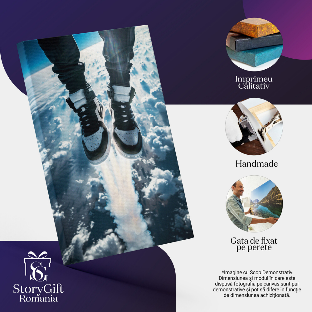 White Adidas Sneakers Worn by a Man Flying Above the Clouds - Digital Painting, Marime 40x25CM [2]