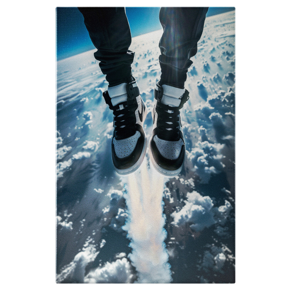 White Adidas Sneakers Worn by a Man Flying Above the Clouds - Digital Painting, Marime 40x25CM [1]