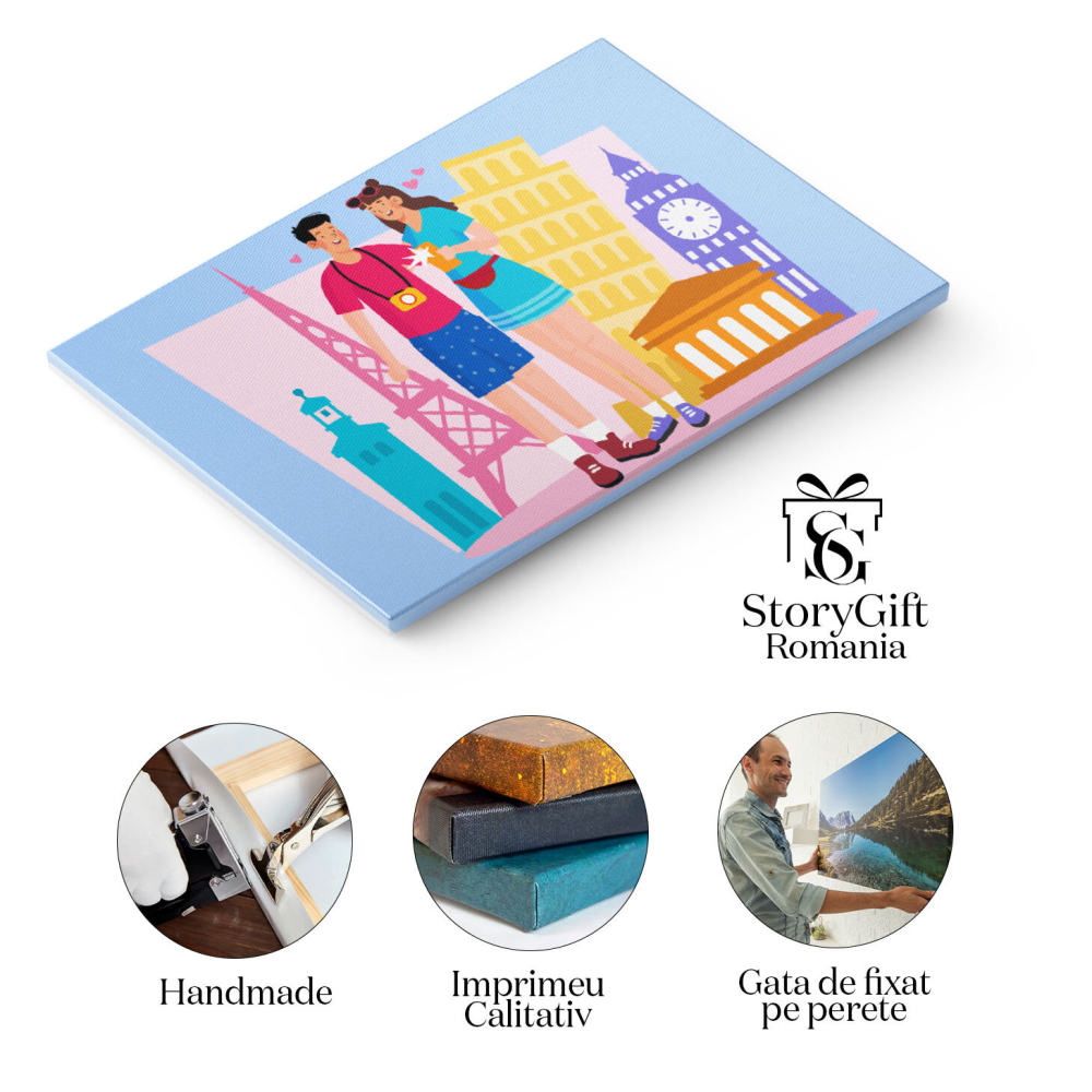 Tablou Canvas Frumosii Indragostiti Calatorind in Toata lumea cu Aparat Foto si Telefonul Mobil cu Inimioare 40x25CM [2]