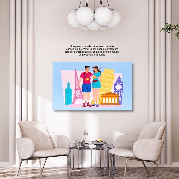 Tablou Canvas Frumosii Indragostiti Calatorind in Toata lumea cu Aparat Foto si Telefonul Mobil cu Inimioare 40x25CM [3]