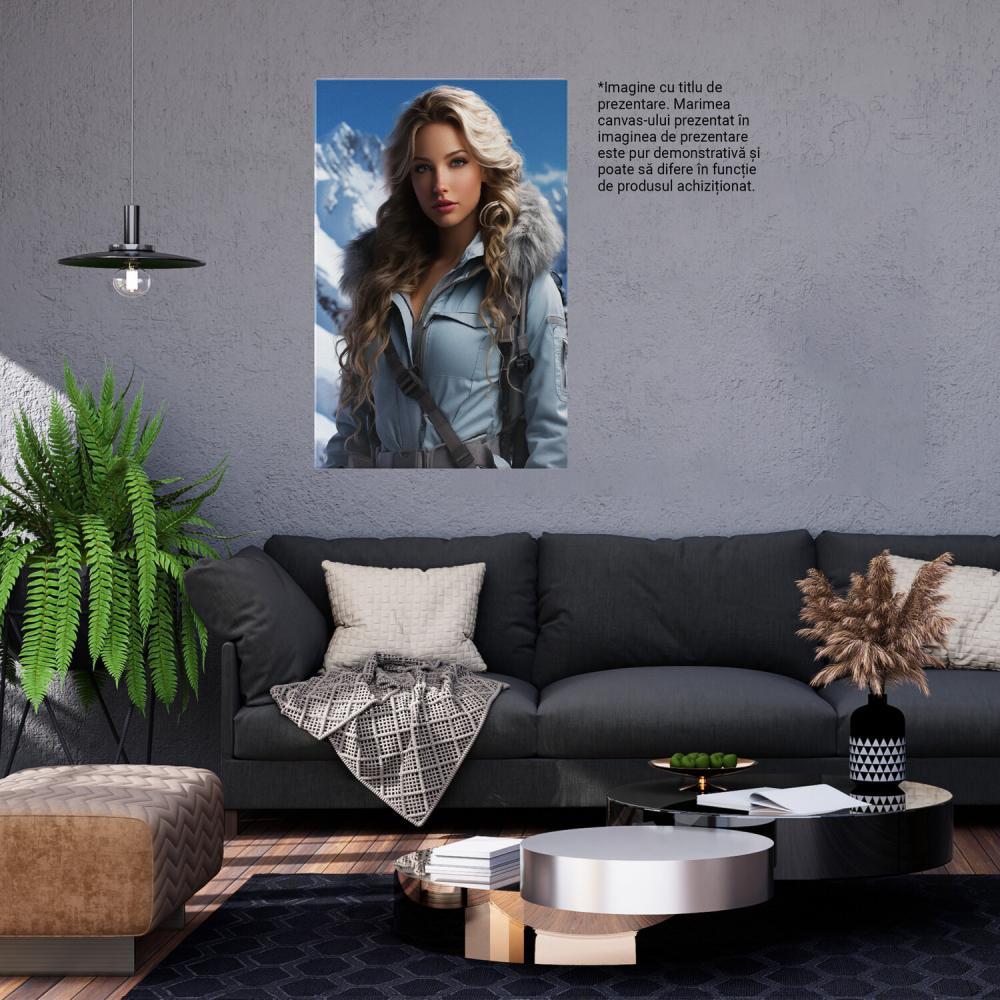 Tablou Canvas - Fulgii Iernii în Peisajul Alb din Munti - Exploratoarea Blondă, Marime 40x25CM [3]