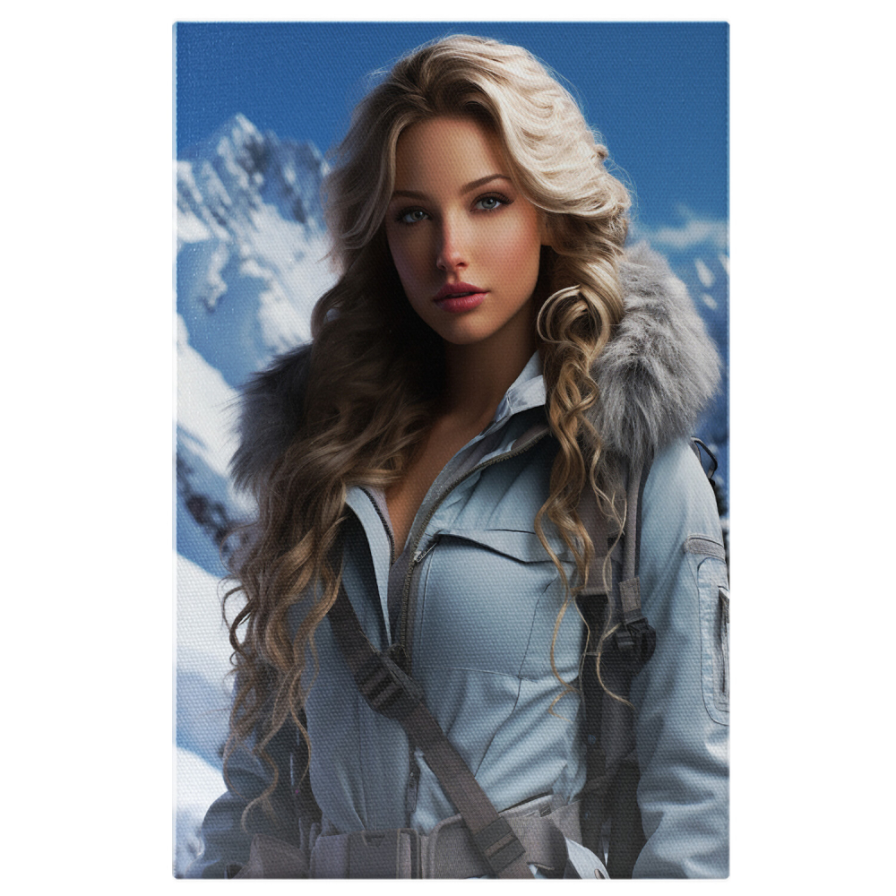 Tablou Canvas - Fulgii Iernii în Peisajul Alb din Munti - Exploratoarea Blondă, Marime 40x25CM [1]