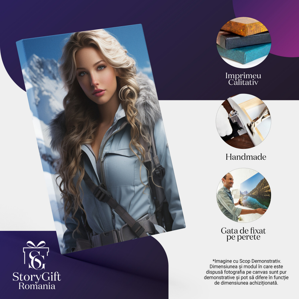 Tablou Canvas - Fulgii Iernii în Peisajul Alb din Munti - Exploratoarea Blondă, Marime 40x25CM [2]