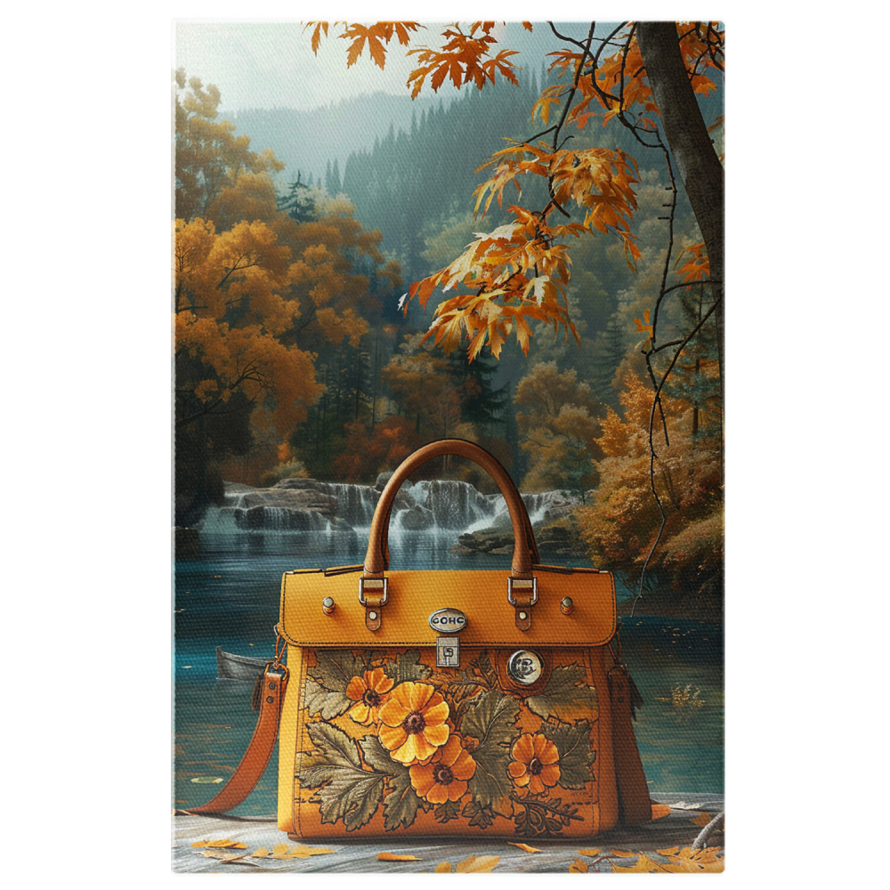 Tablou Canvas Geantă Retro Florală Portocalie pe Malul unui Râu Curgător | Pictură Digitală, Marime 40x25CM [1]