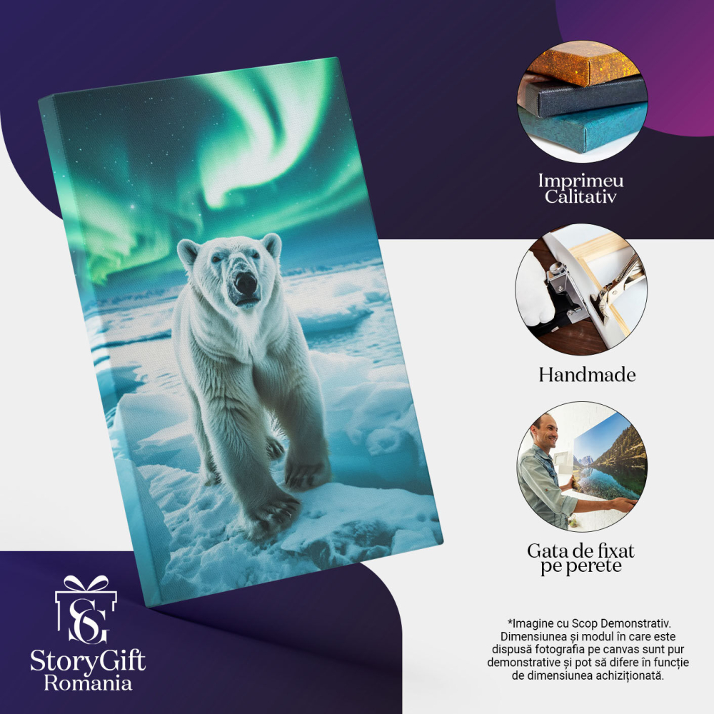Tablou Canvas: Gheața Aurorei Boreale și Privirea Ursului Polar în Lumina Verde din Zăpadă Pictura Digitala 40x25CM [3]