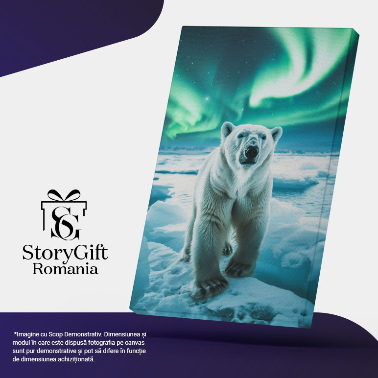 Tablou Canvas: Gheața Aurorei Boreale și Privirea Ursului Polar în Lumina Verde din Zăpadă Pictura Digitala 40x25CM [5]