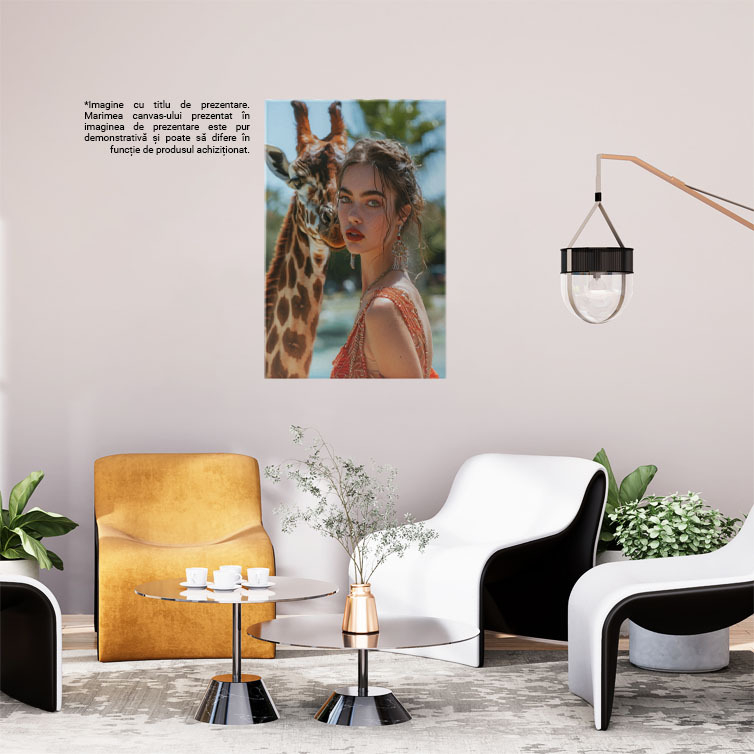 Tablou Canvas  Girafa care Priveste catre o Fata cu Ochii Verzi si Cercei Lungi in Rochie Rosie cu Bretele si Pistrui , Pictura Digitala 40x25CM [2]