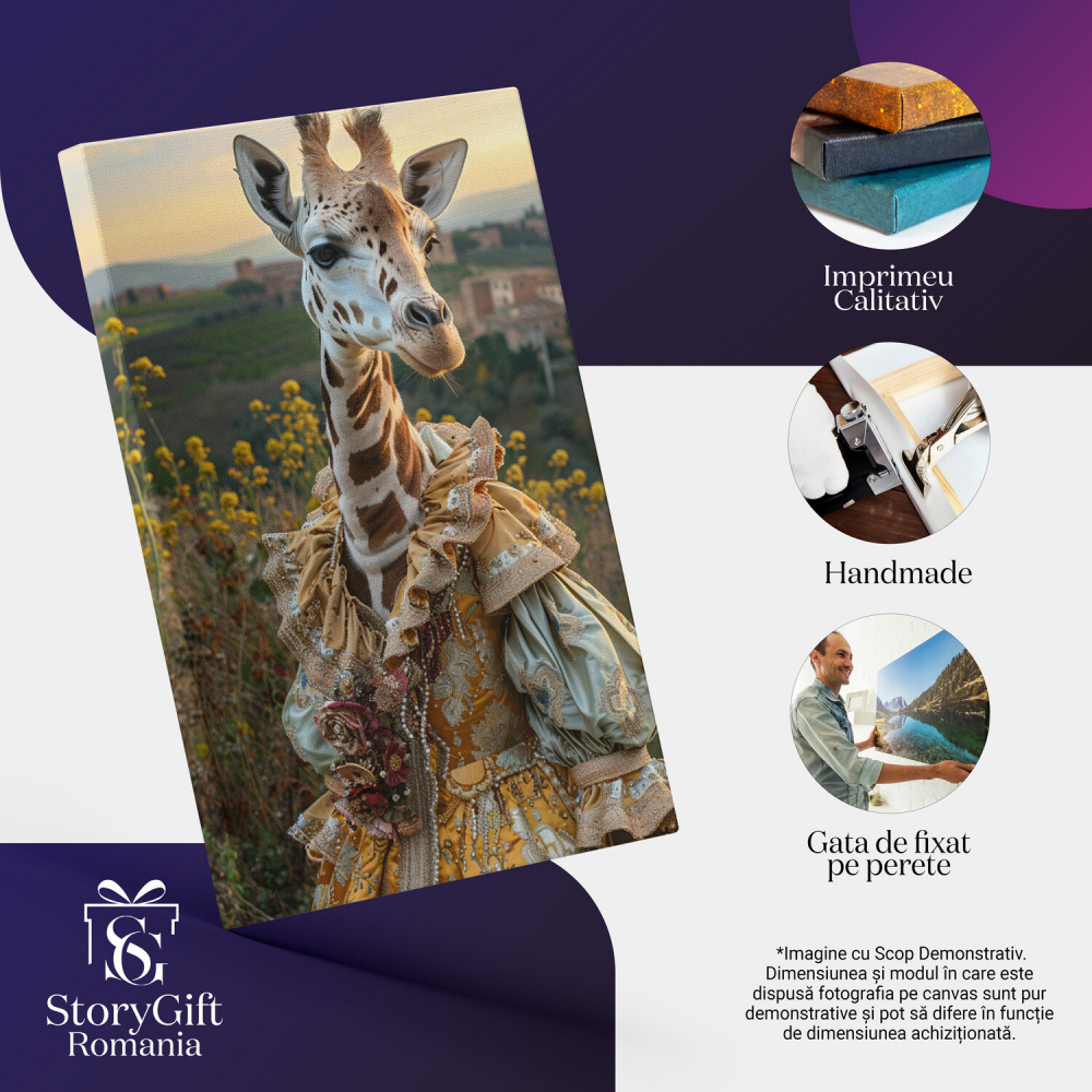 Girafa Tânără în Rochie Medievală în Câmpul cu Flori Sălbatice - Pictură Digitală, Marime 40x25CM [2]