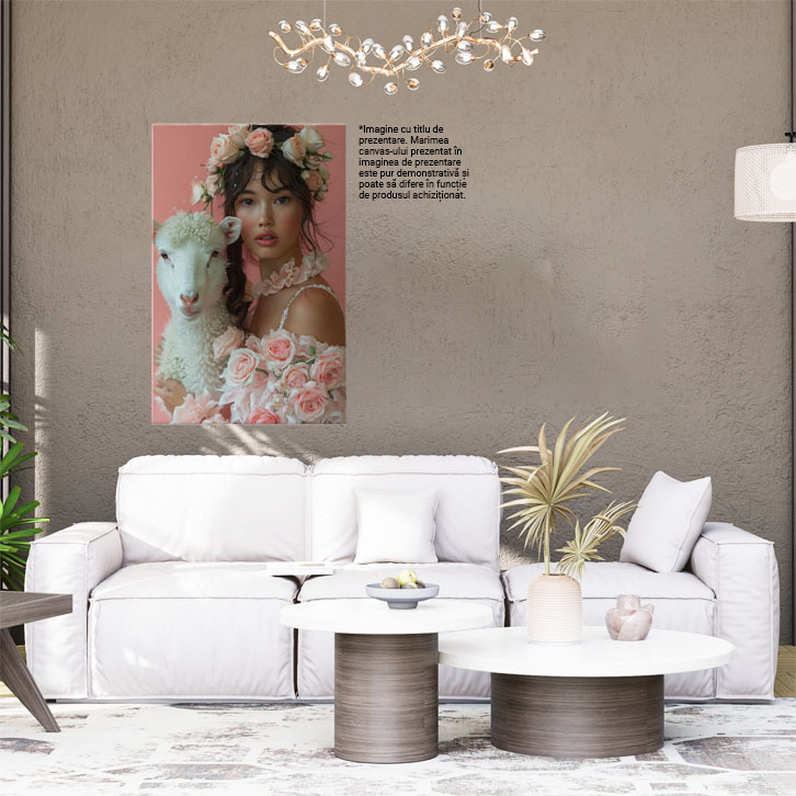 Tablou Canvas  Girl with the Sheep cu Blana Pufoasa Alba cu Trandafirii Roz si Par Saten cu Pistrui si Ochii Caprui , Pictura Digitala 40x25CM [2]