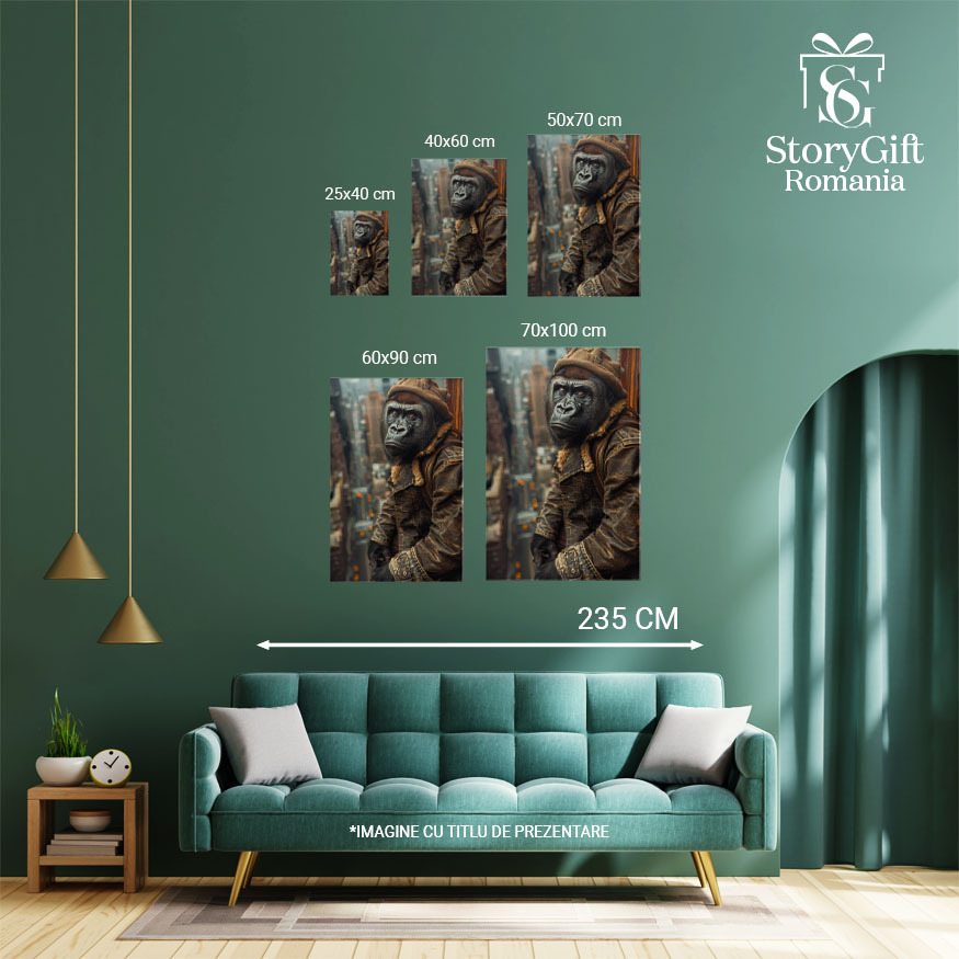 Tablou Canvas  Gorila de Oras Imbracat in Haina de Blugi cu o Palarie pe Capmcare Admira Blocurile cu Ochii Maro , Pictura Digitala 40x25CM [4]