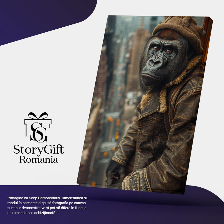 Tablou Canvas  Gorila de Oras Imbracat in Haina de Blugi cu o Palarie pe Capmcare Admira Blocurile cu Ochii Maro , Pictura Digitala 40x25CM [5]