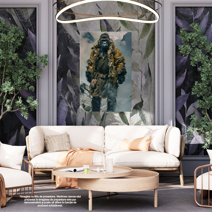 Tablou Canvas  Gorilă în costum de aplinist - Urcând printre stâncile munților în jachetă galbenă , Pictura Digitala 40x25CM [2]