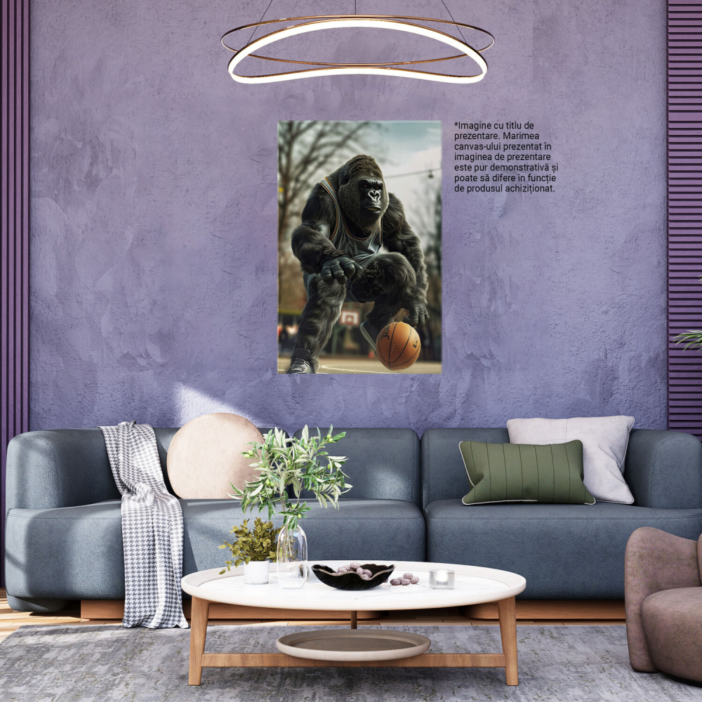 Tablou Canvas Gorila Sportivă - Animal Sălbatic pe Terenul de Baschet în Echipament cu Minge, Marime 40x25CM [3]