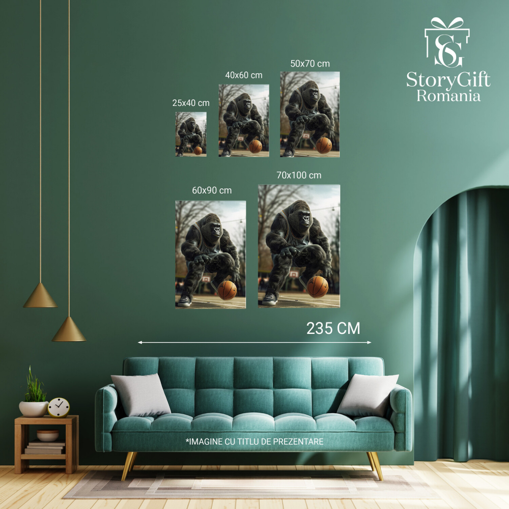 Tablou Canvas Gorila Sportivă - Animal Sălbatic pe Terenul de Baschet în Echipament cu Minge, Marime 40x25CM [4]