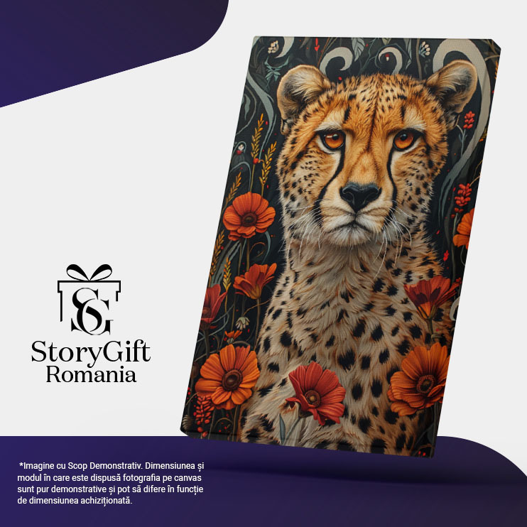 Tablou Canvas:  Grădină de flroi ce gazduiește un ghepard - Privire artistică dintre flori Pictura Digitala 40x25CM [5]
