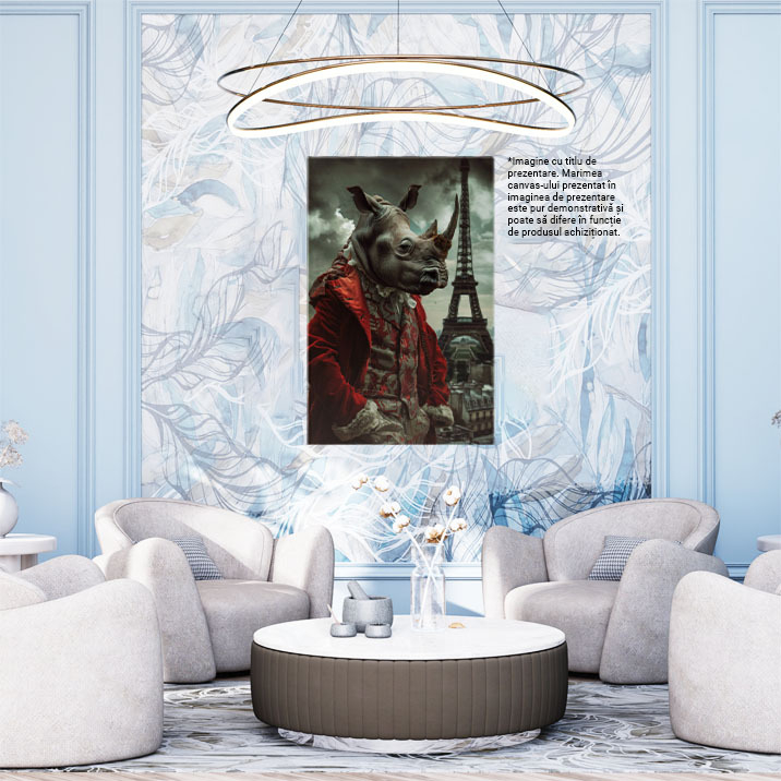 Tablou Canvas Haine împărătești pe umerii rinocerului, în vizită la Paris - Turn Eiffel, palton din catifea roșie , Pictura Digitala 40x25CM [2]