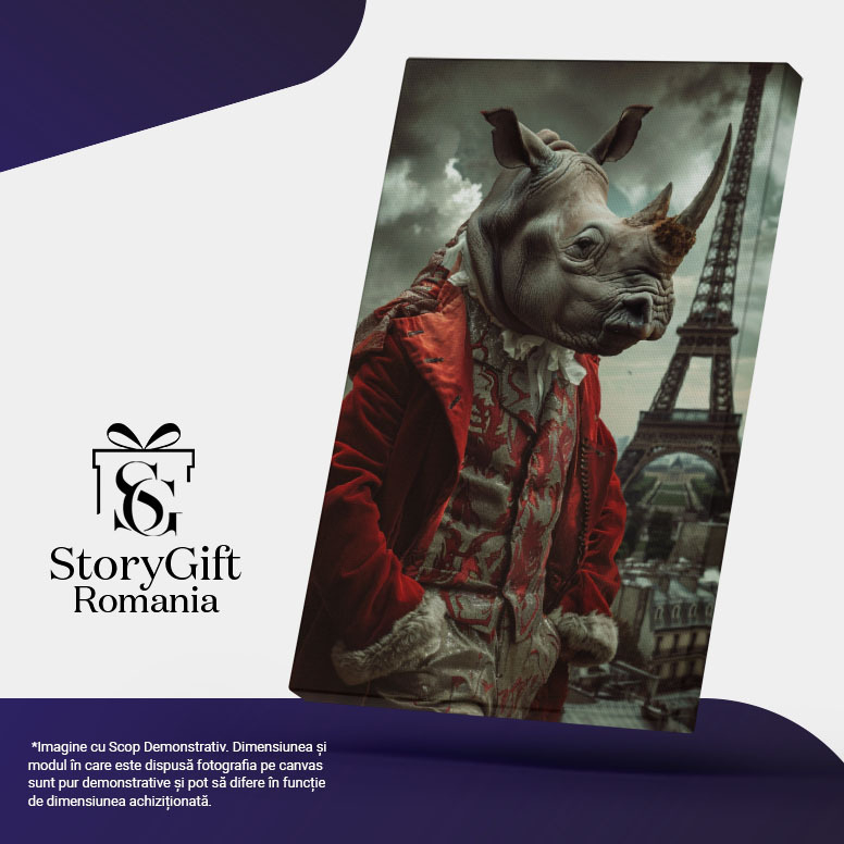 Tablou Canvas Haine împărătești pe umerii rinocerului, în vizită la Paris - Turn Eiffel, palton din catifea roșie , Pictura Digitala 40x25CM [5]