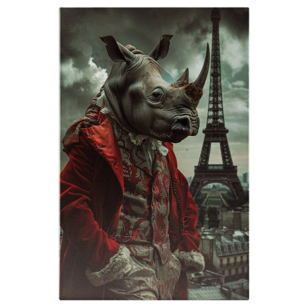 Tablou Canvas - Haine Împărătești pe Umerii Rinocerului, în Vizită la Paris, Palton din Catifea Roșie, Marime 40x25CM [1]