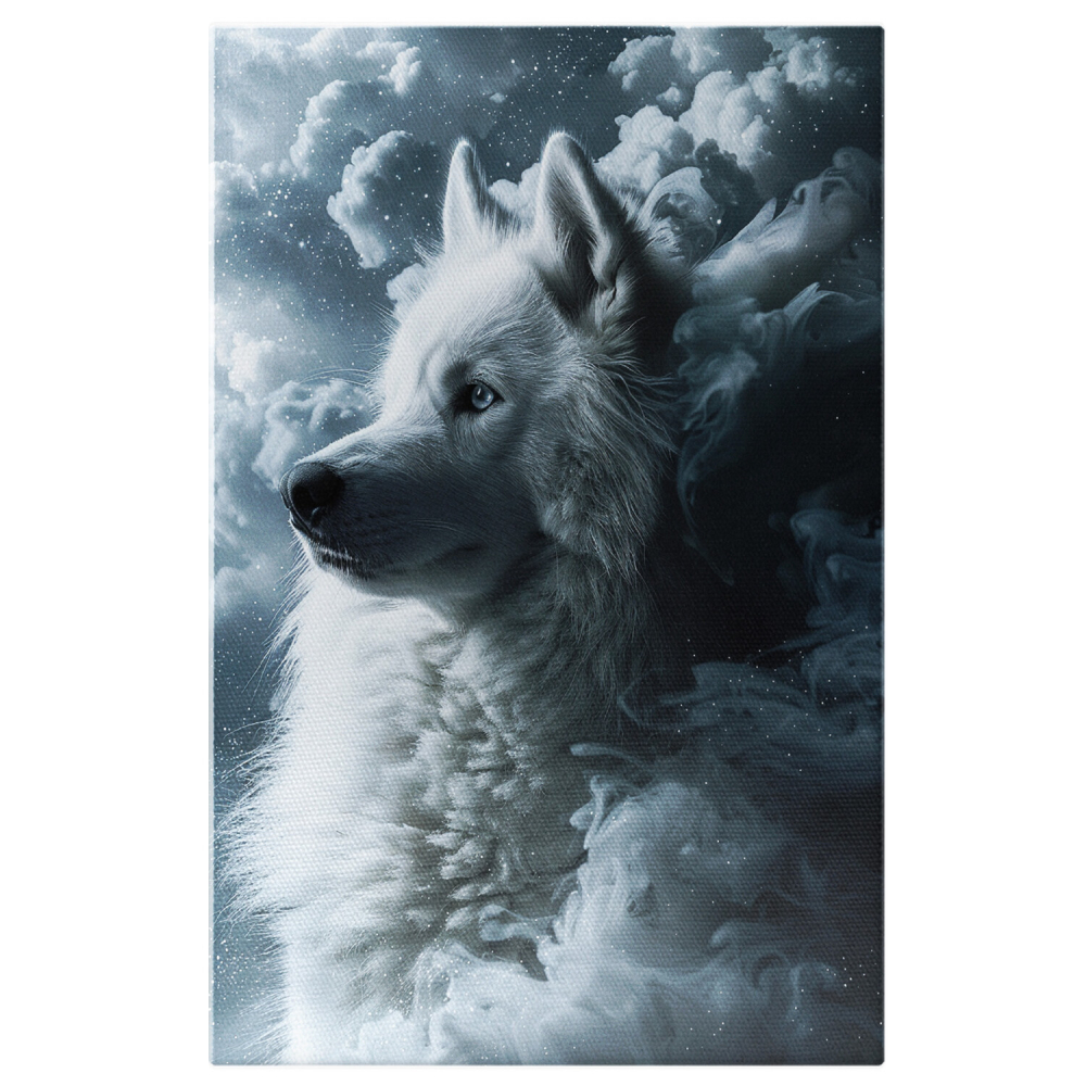 Husky Alb cu Ochii Albastri Între Nori - Pictură Digitală a Suprematiei Rasei Husky, Marime 40x25CM [1]