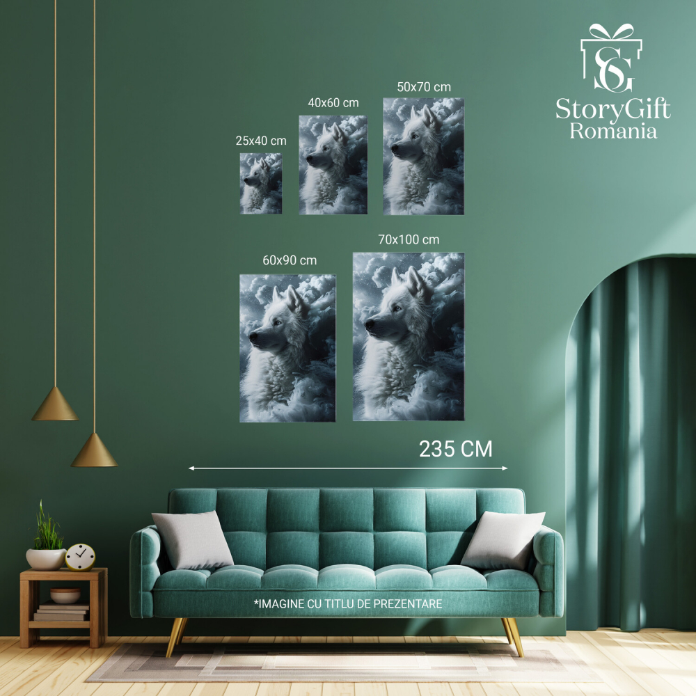 Husky Alb cu Ochii Albastri Între Nori - Pictură Digitală a Suprematiei Rasei Husky, Marime 40x25CM [4]