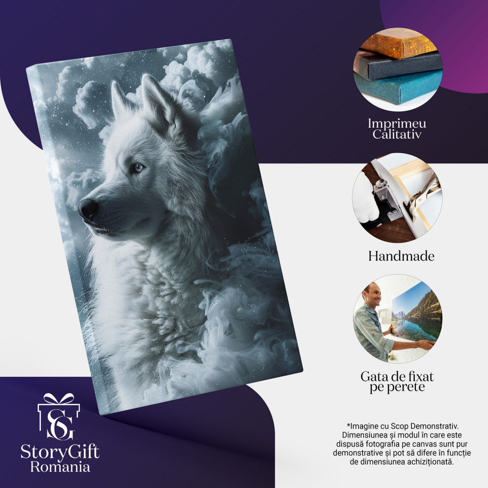 Husky Alb cu Ochii Albastri Între Nori - Pictură Digitală a Suprematiei Rasei Husky, Marime 40x25CM [2]