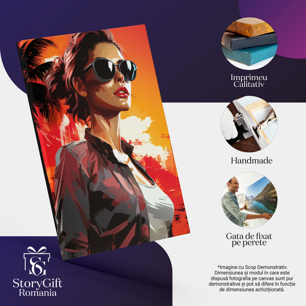 Tablou Canvas Fata cu Ochelari de Soare | Căldură de Vară, Pictură Digitală, Marime 40x25CM [2]