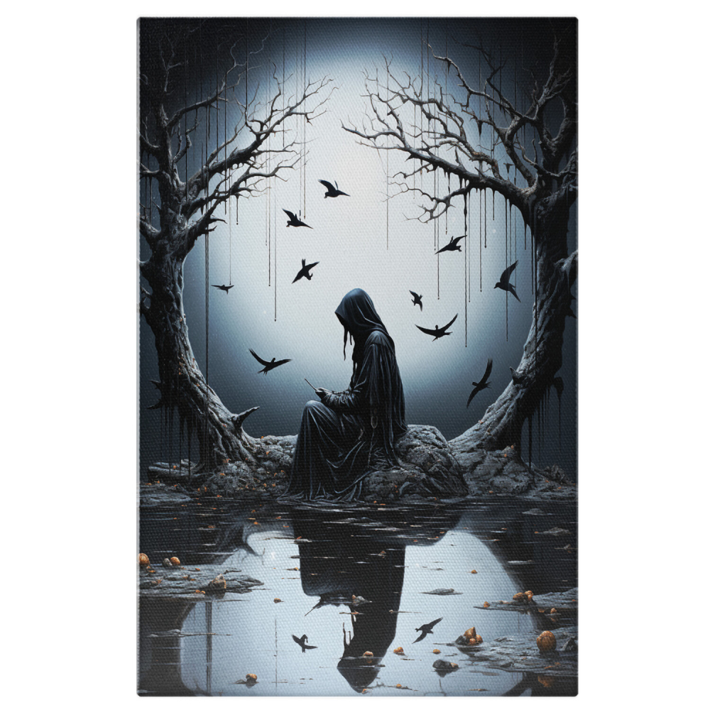 Tablou Canvas Femeie pe Piatră sub Lună Plină | Pictură Digitală cu Păsări, Marime 40x25CM [1]