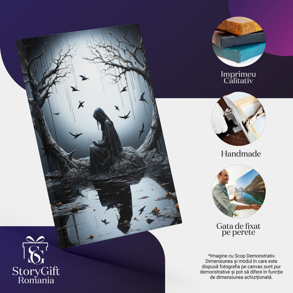 Tablou Canvas Femeie pe Piatră sub Lună Plină | Pictură Digitală cu Păsări, Marime 40x25CM [2]