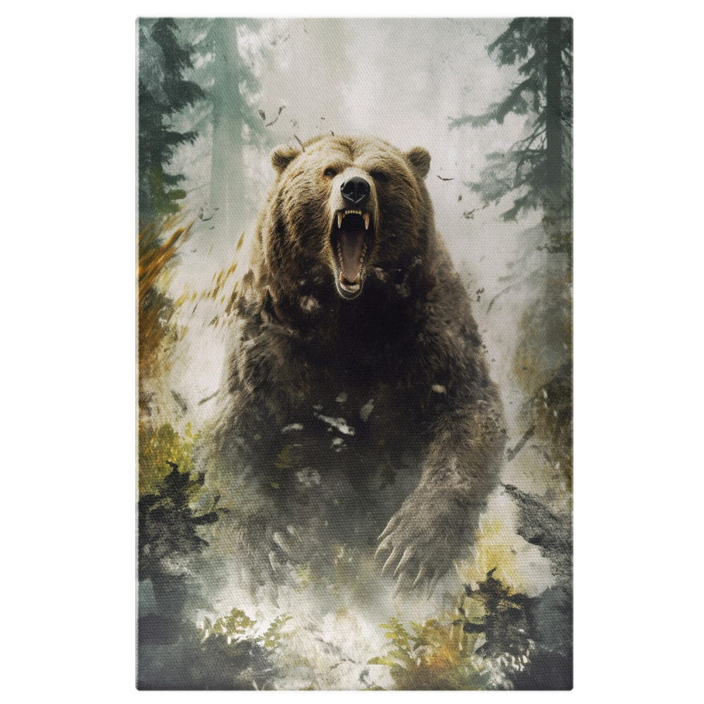Tablou Canvas Urs Furios în Pădure | Pictură Digitală cu Brazi, Marime 40x25CM [1]
