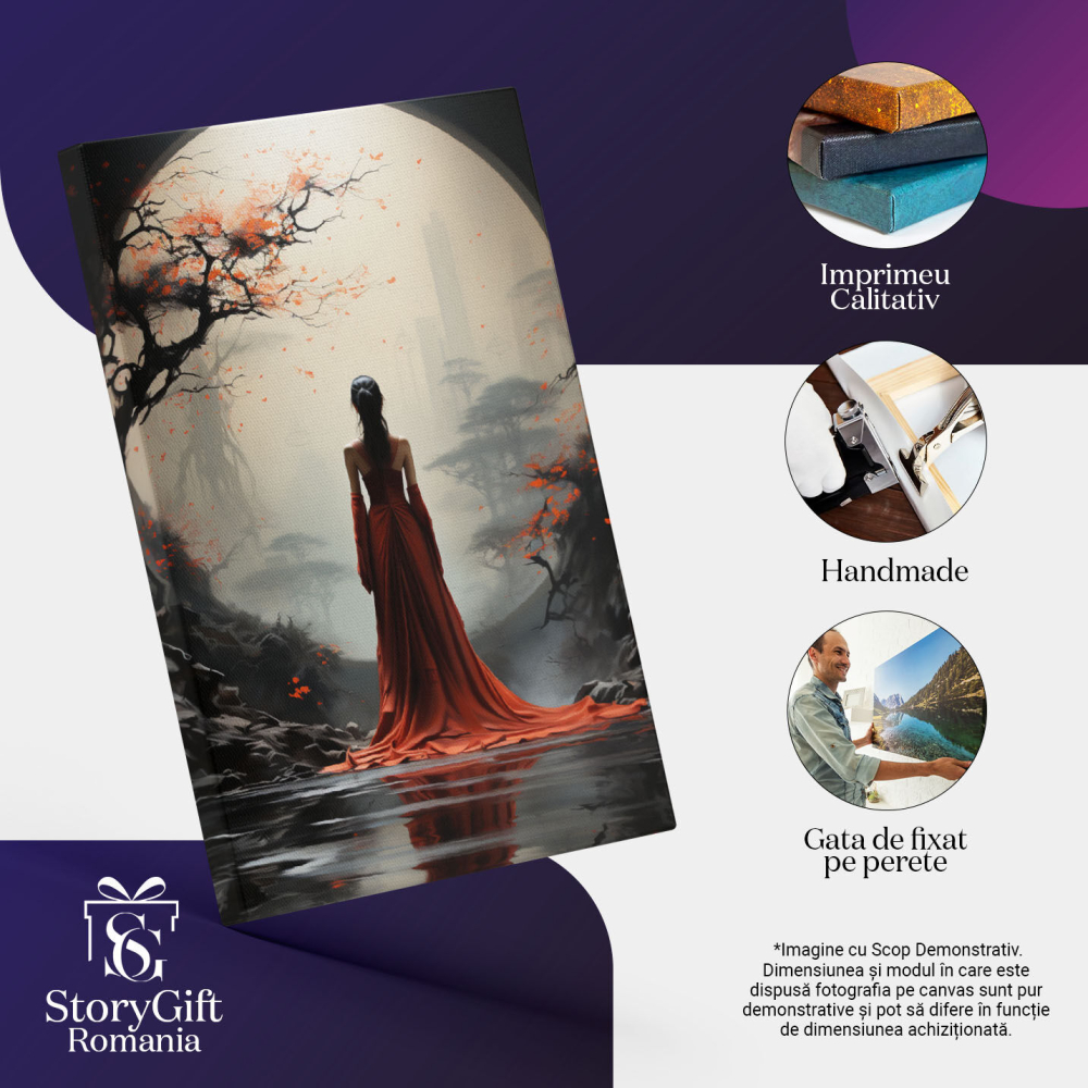 Tablou Canvas:  Ilustratie in stil japonez cu o femeie intr-o rochie rosie - eleganta luna plina Pictura Digitala 40x25CM [3]