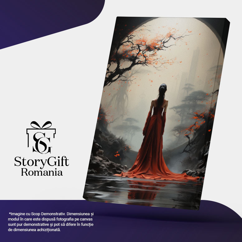 Tablou Canvas:  Ilustratie in stil japonez cu o femeie intr-o rochie rosie - eleganta luna plina Pictura Digitala 40x25CM [5]