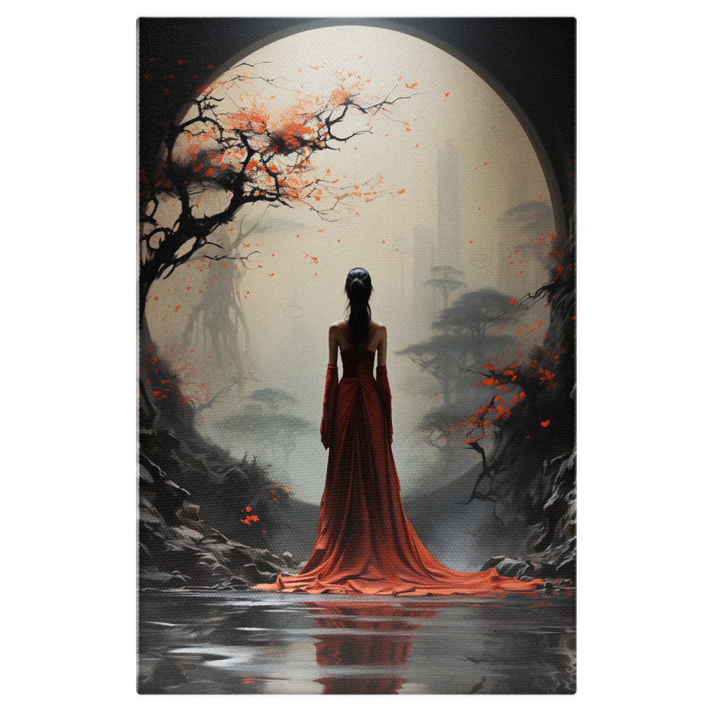 Tablou Canvas Ilustrație Japoneză | Femeie în Rochie Roșie sub Lună Plină, Marime 40x25CM [1]