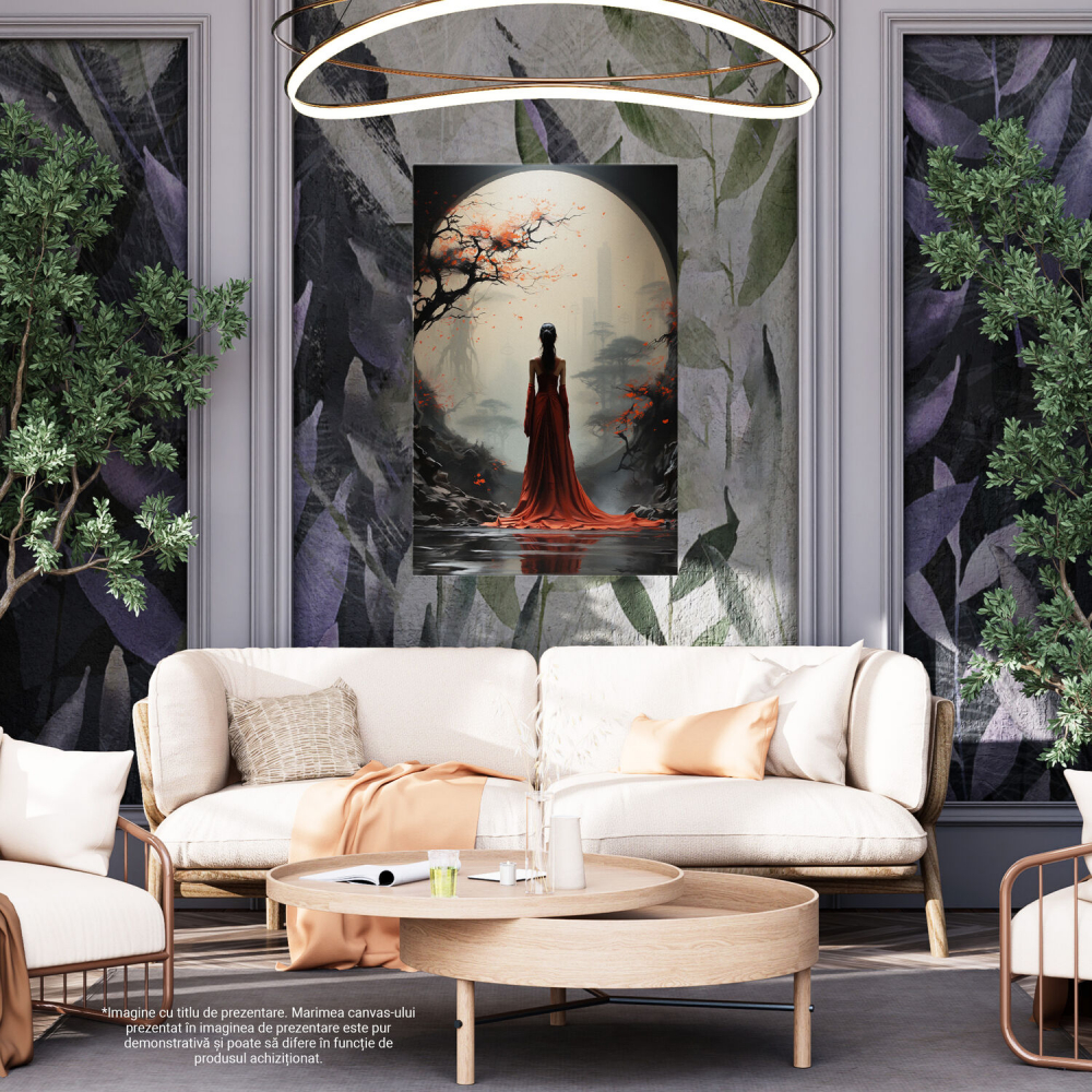 Tablou Canvas Ilustrație Japoneză | Femeie în Rochie Roșie sub Lună Plină, Marime 40x25CM [4]