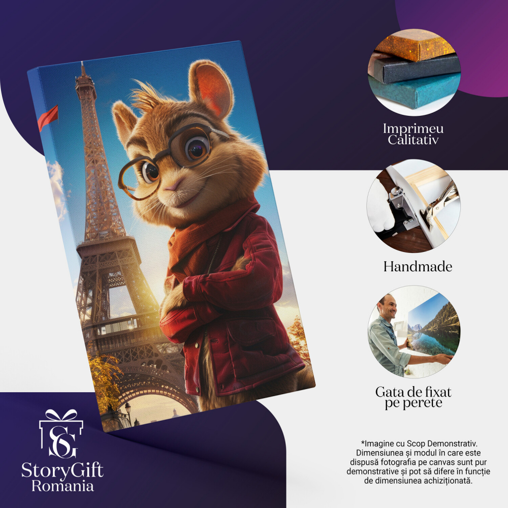 Veveriță cu Jachetă Roșie și Ochelari lângă Turnul Eiffel - Artă Digitală și Fotografie Artistică, Marime 40x25CM [2]