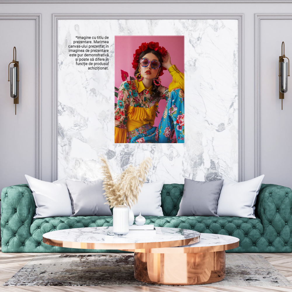 Vibrant Young Woman with Earrings and Red Lips Wearing Glasses and a Rose Crown – Digital Art, Marime 40x25CM [3]