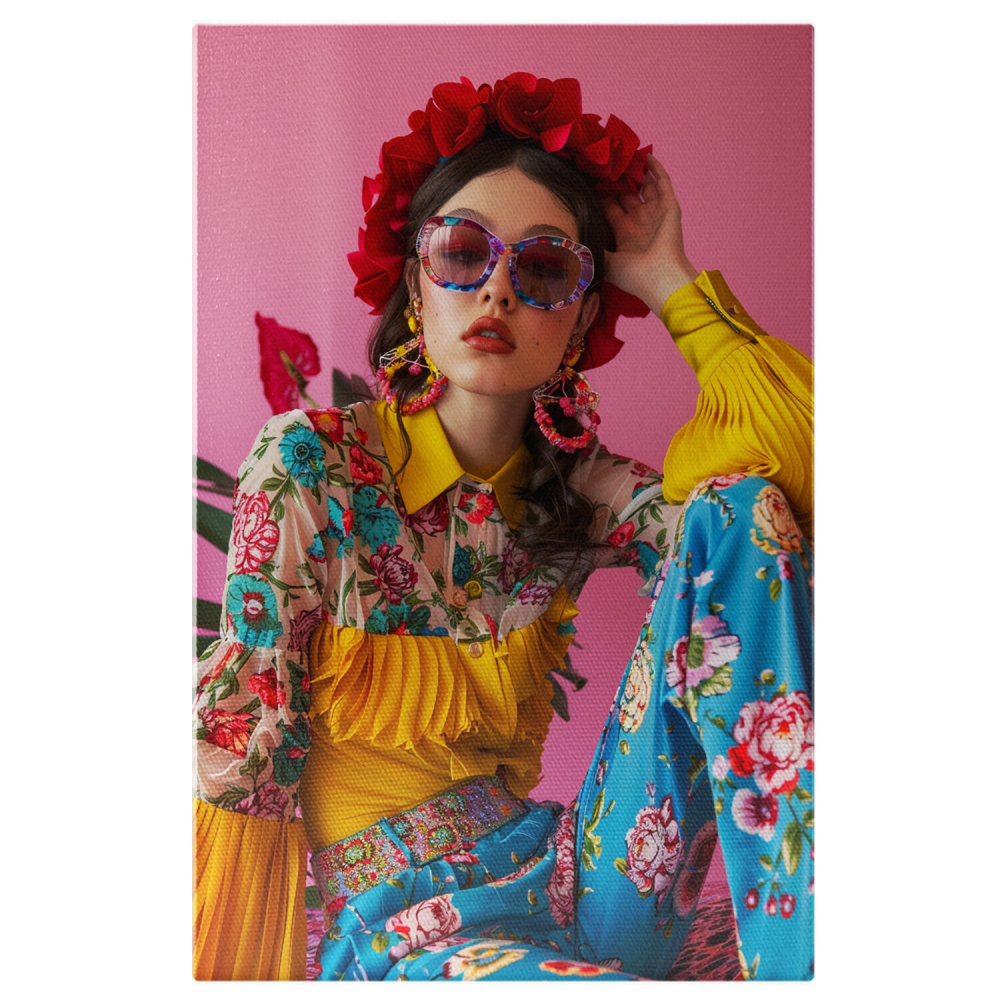 Vibrant Young Woman with Earrings and Red Lips Wearing Glasses and a Rose Crown – Digital Art, Marime 40x25CM [1]