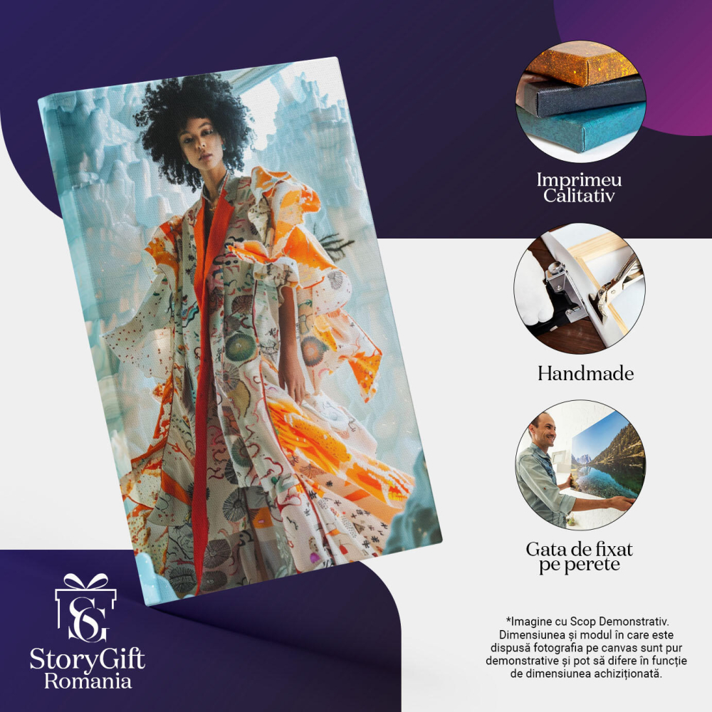 Tablou Canvas:  Îmmpărăteasa modei printre ghețari înalți - Femeie stilată cu haine portocalii Pictura Digitala 40x25CM [3]