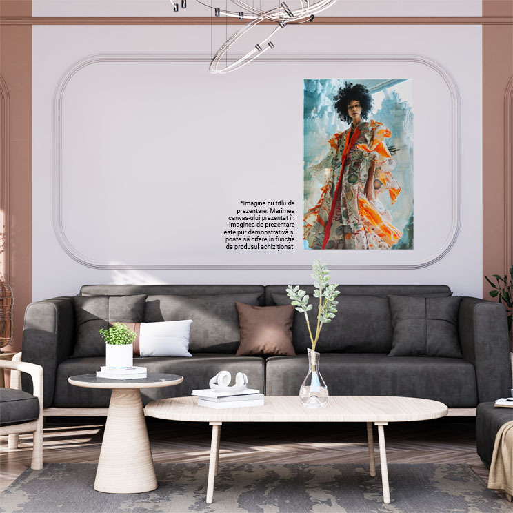 Tablou Canvas:  Îmmpărăteasa modei printre ghețari înalți - Femeie stilată cu haine portocalii Pictura Digitala 40x25CM [2]