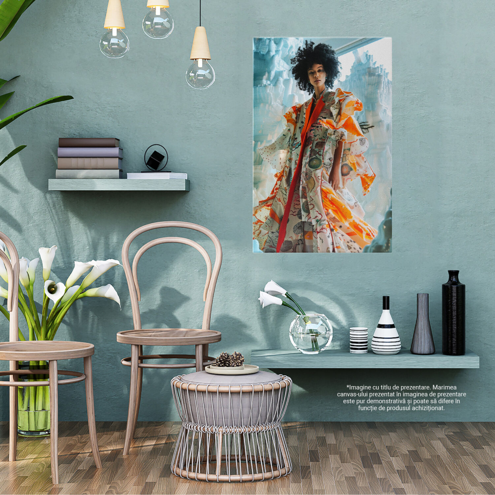 Împărăteasa Modei Printre Ghețari Înalți - Pictură Digitală cu Femeie Stilată în Haine Portocalii, Marime 40x25CM [3]