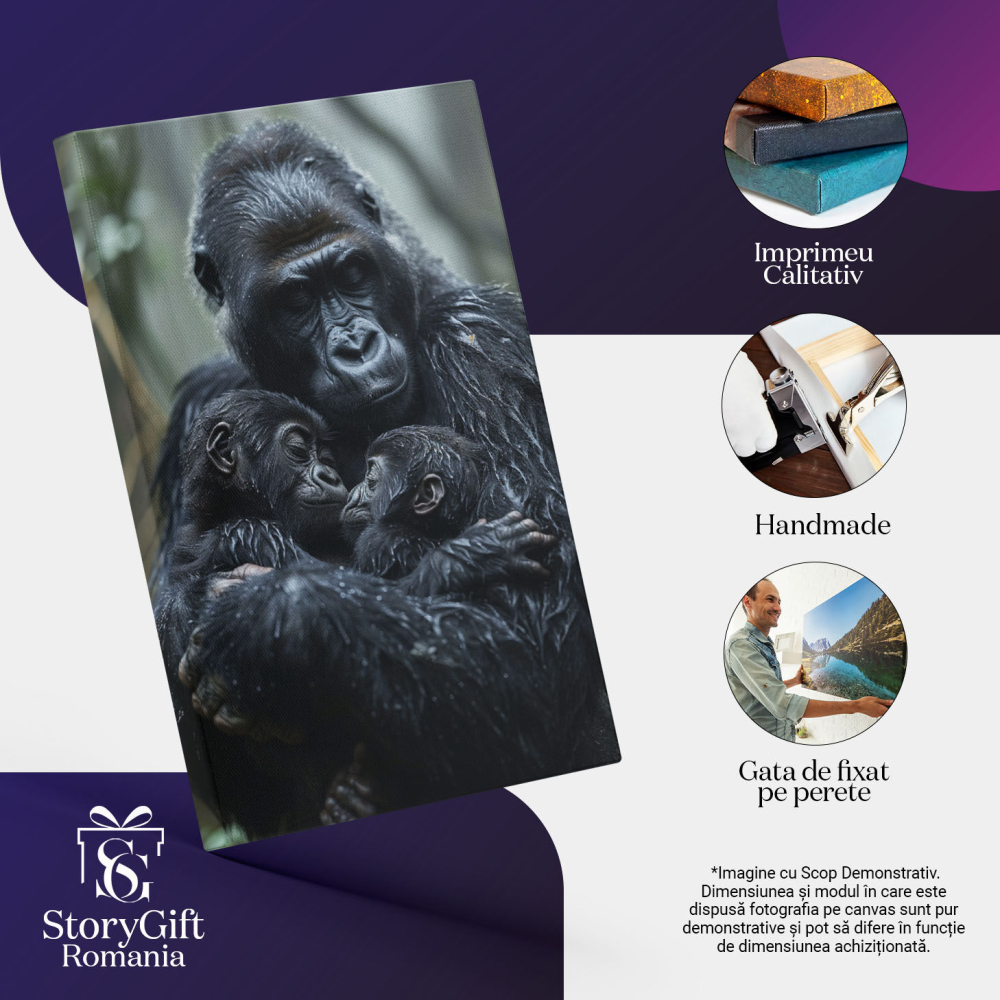 Tablou Canvas În Cercul Vieții Gorila Își Îmbrățișeaă cu Drag Puii Portret Maternal , Pictura Digitala 40x25CM [3]