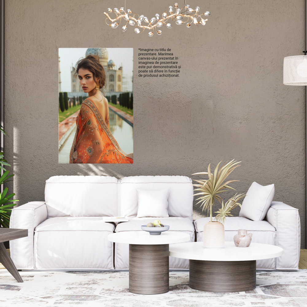 Femeie Indiană în Costum Portocaliu cu Cercei Mari și Chip Fermecător - Pictură Digitală, Marime 40x25CM [4]